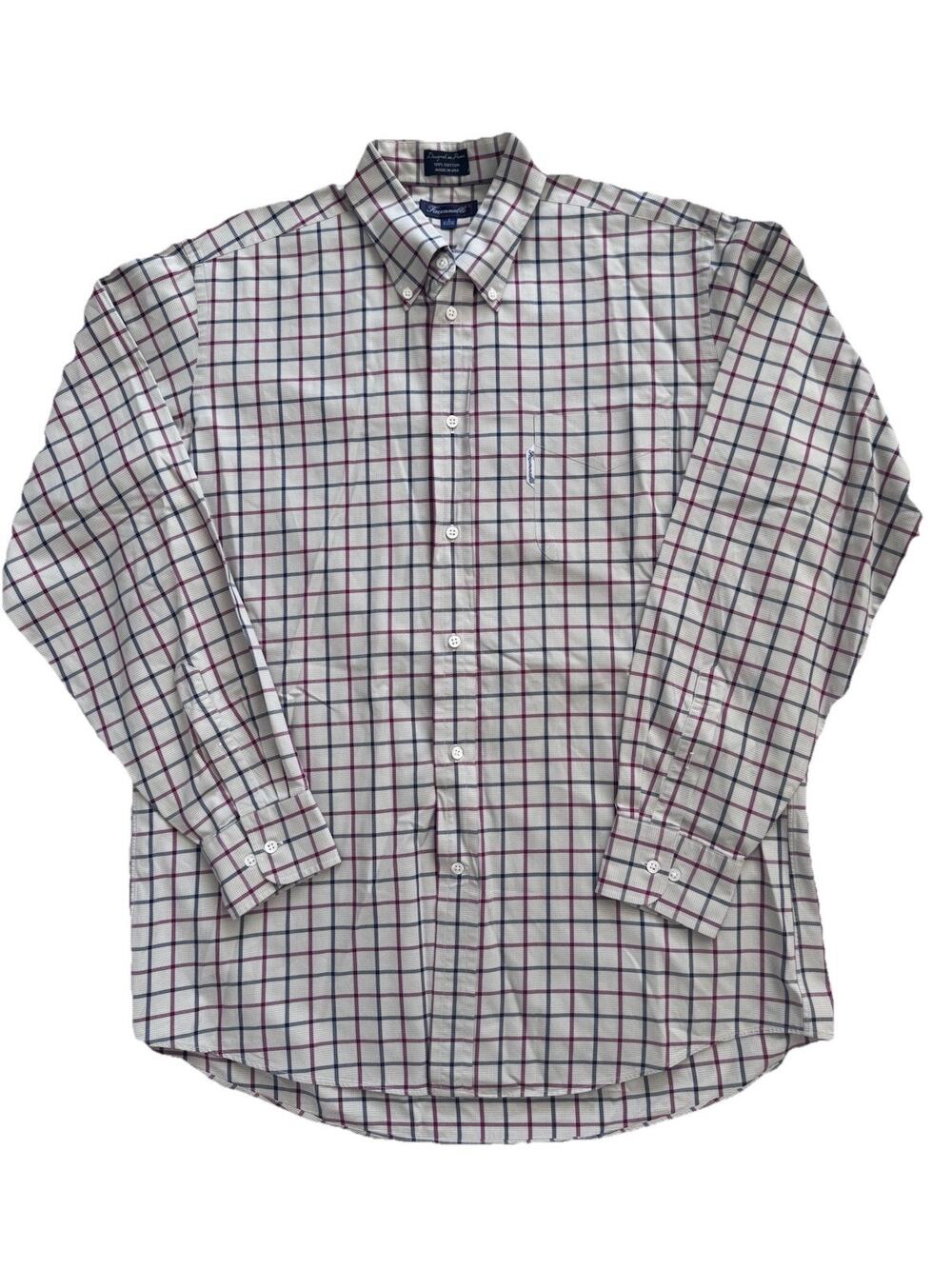 Faconnable Mens Windowpane Plaid Button Down Shirt XL Preppy Office Made in USA